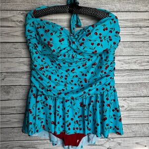 Vibrant Blue with Cherries Retro One Piece with Sweetheart Neckline